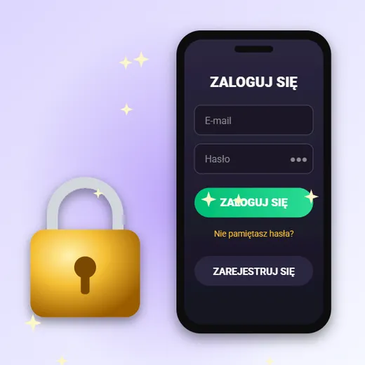 Gambloria casino – ilustracja ekranu logowania z polami e-mail i hasło oraz kłódką